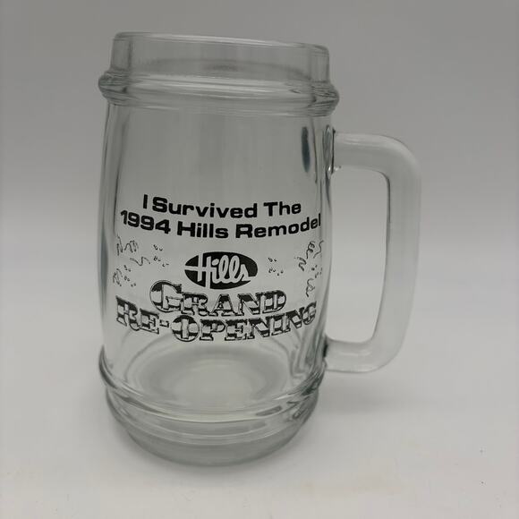 Vintage 1994 Hills Department Store Mug I Survived Remodel Grand Opening Glass - Picture 1 of 4